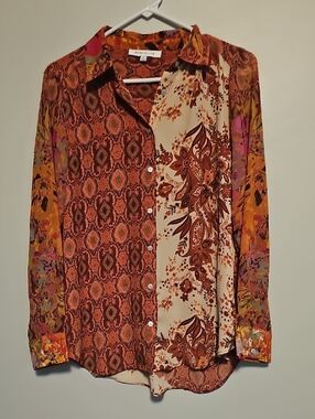 Rose & Olive Mixed-Print Button-Down Shirt in Rust, Cream & Mustard